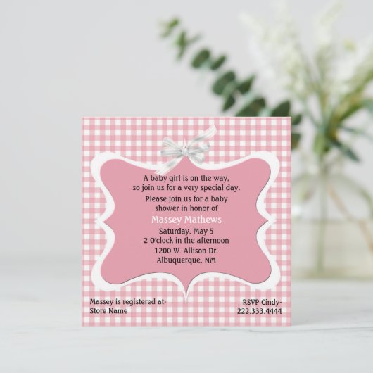 Roze Gingham Aangepaste Baby shower Uitnodiging (Staand voorkant)
