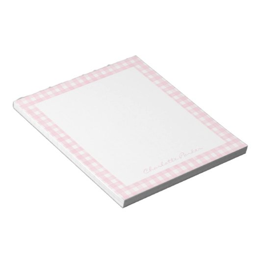 Roze Gingham Aangepaste Naam Notitieblok (Schuin)