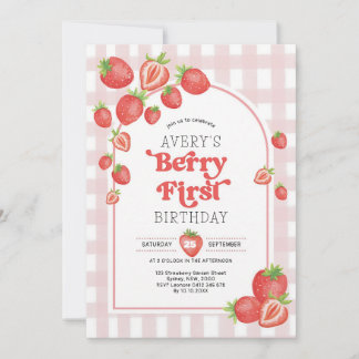 Roze Gingham Aardbei 1e Verjaardag Kaart