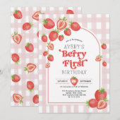 Roze Gingham Aardbei 1e Verjaardag Kaart (Voorkant / Achterkant)