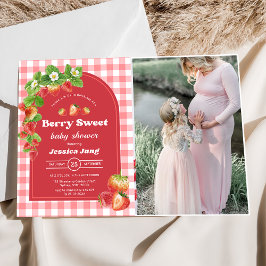 Roze Gingham Aardbei Baby Shower Feest Foto Kaart