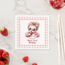 Roze Gingham Aardbei Chic Bes Eerste Verjaardag Servet