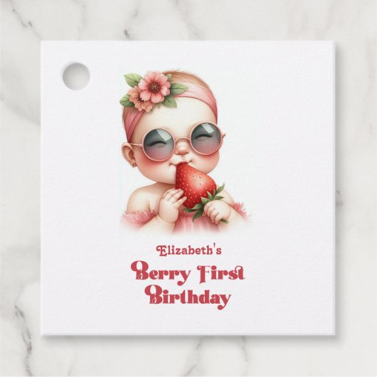 Roze Gingham & Aardbei Eerste Verjaardag Bedankjes Labels (Voorkant)
