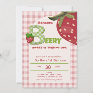 Roze Gingham Aardbei Eerste Verjaardag Invi Kaart