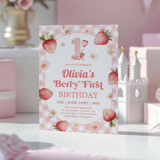 Roze Gingham Aardbei Eerste Verjaardag Kaart