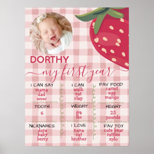 Roze Gingham Aardbei Eerste Verjaardag Mijlpaal Poster
