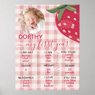 Roze Gingham Aardbei Eerste Verjaardag Mijlpaal Poster