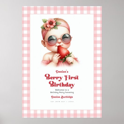 Roze Gingham Aardbei Eerste Verjaardag Welkom Poster (Voorkant)