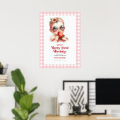 Roze Gingham Aardbei Eerste Verjaardag Welkom Poster (Thuiskantoor)