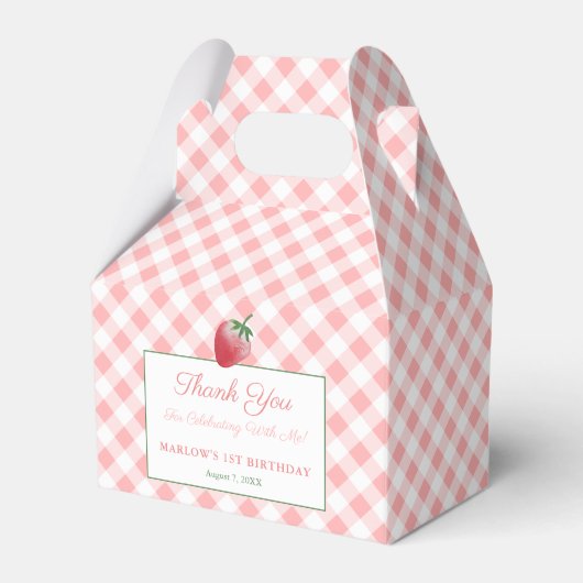  roze gingham aardbei picknick verjaardag bedankdoosjes (Voorkant Zijde)