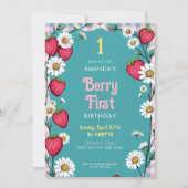 Roze Gingham & Aardbeien 1e Verjaardag Kaart (Voorkant)