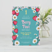 Roze Gingham & Aardbeien 1e Verjaardag Kaart (Staand voorkant)