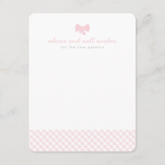 Roze gingham-advies wil graag een baby shower kaar advieskaart (Voorkant)