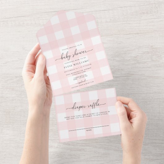 Roze gingham alle in één baby shower uitnodiging (Afscheurbaar)