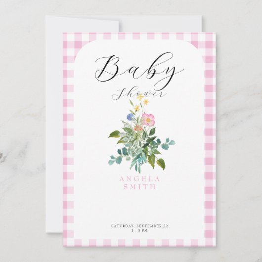 Roze Gingham Arch Wildflower Baby shower Kaart (Voorkant)