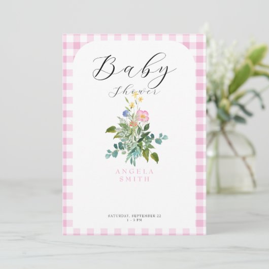 Roze Gingham Arch Wildflower Baby shower Kaart (Staand voorkant)