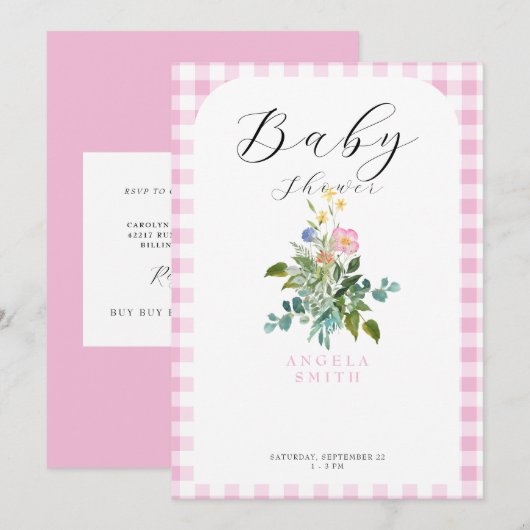 Roze Gingham Arch Wildflower Baby shower Kaart (Voorkant / Achterkant)