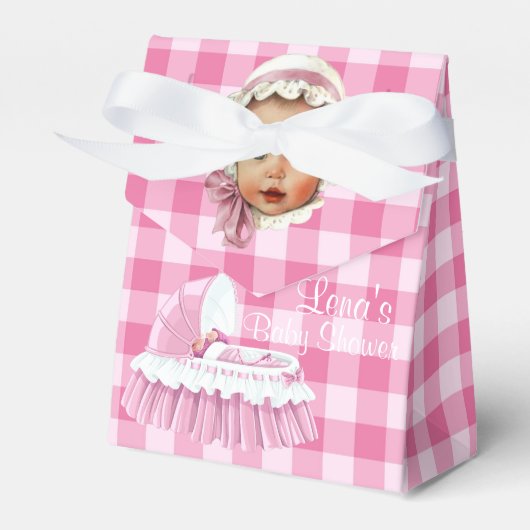 Roze Gingham-Baby en roffled Bassinet Favor Boxes Bedankdoosjes (Voorkant Zijde)