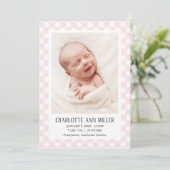 Roze Gingham Baby Geboortekaart Fotokaart Aankondiging (Staand voorkant)