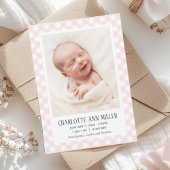 Roze Gingham Baby Geboortekaart Fotokaart Aankondiging
