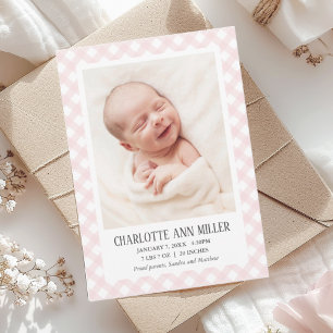 Roze Gingham Baby Geboortekaart Fotokaart Aankondiging