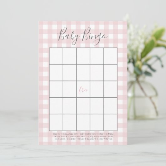Roze Gingham Baby GIrl Douche Bingo Kaarten (Staand voorkant)