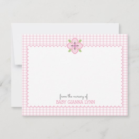  Roze Gingham Baby Girl Nursery Dank Notitiekaartje (Voorkant)