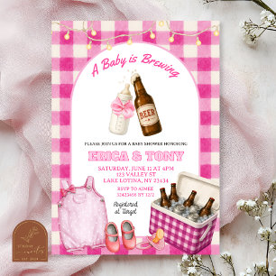 Roze Gingham Baby Is Brewing Bier Coed Baby Shower Kaart