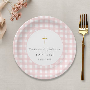 Roze Gingham Baby Meisje Doop Papier Papieren Bordje