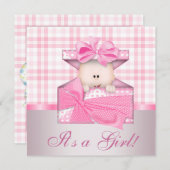 Roze Gingham Baby Meisje Douche Uitnodigingen (Voorkant / Achterkant)