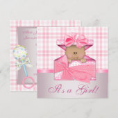 Roze Gingham Baby Meisje Douche Uitnodigingen (Voorkant / Achterkant)