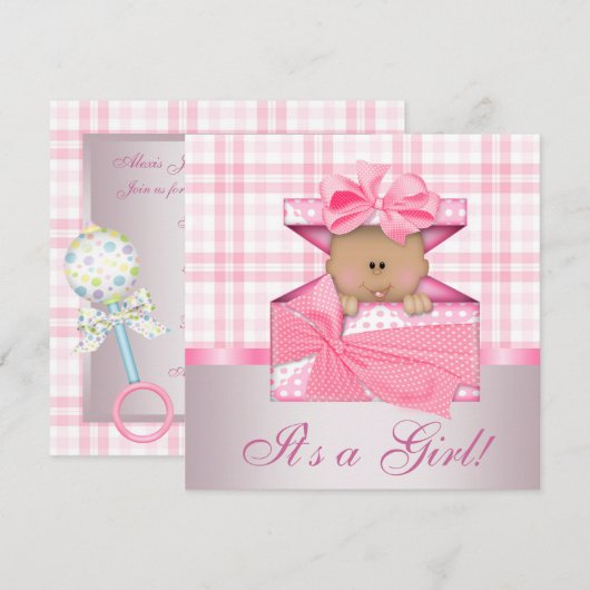 Roze Gingham Baby Meisje Douche Uitnodigingen (Voorkant / Achterkant)