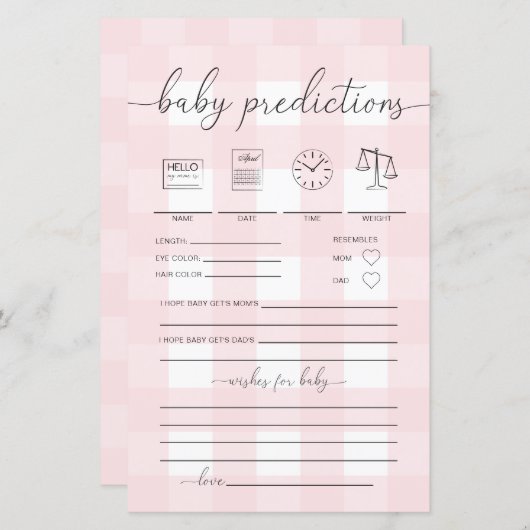 Roze Gingham Baby Predictions Game (Voorkant / Achterkant)