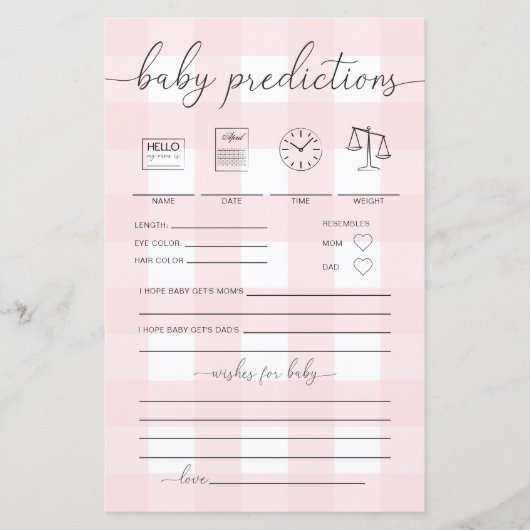 Roze Gingham Baby Predictions Game (Voorkant)