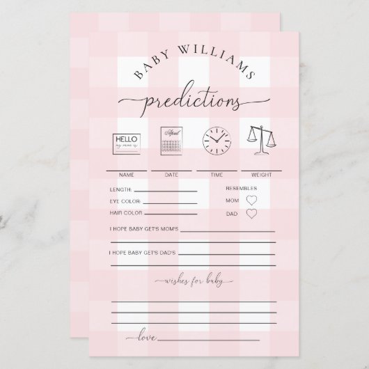 Roze Gingham Baby Predictions Game (Voorkant / Achterkant)