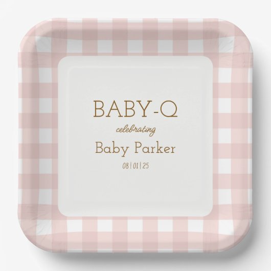 Roze Gingham Baby-Q Vierkante Bord 2 (Voorkant)