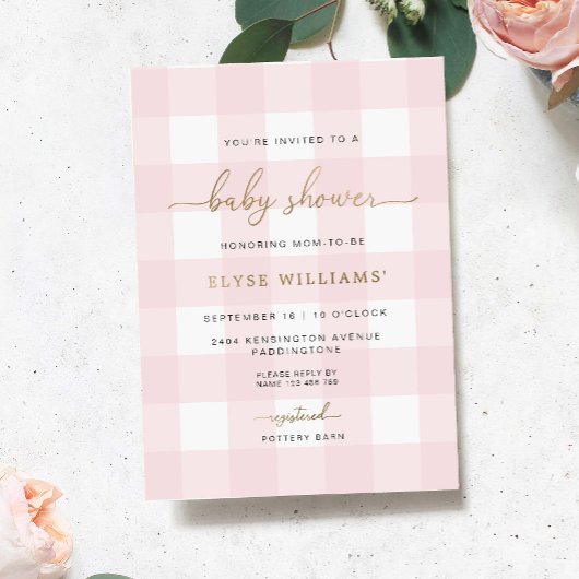 Roze Gingham Baby Shower Folie Uitnodiging