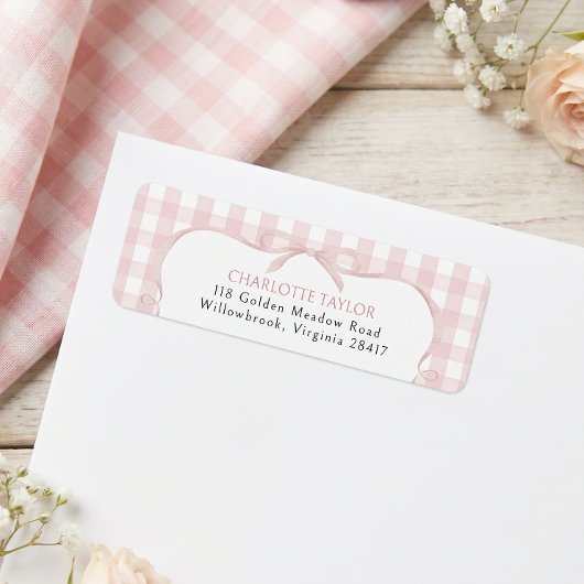 Roze Gingham Baby Shower Retouradres Etiket