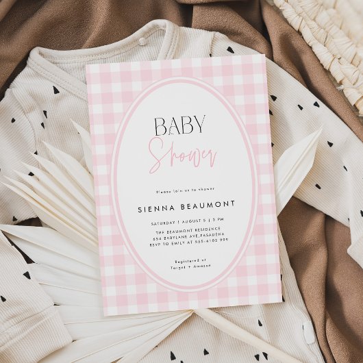 Roze Gingham Baby Shower Uitnodiging