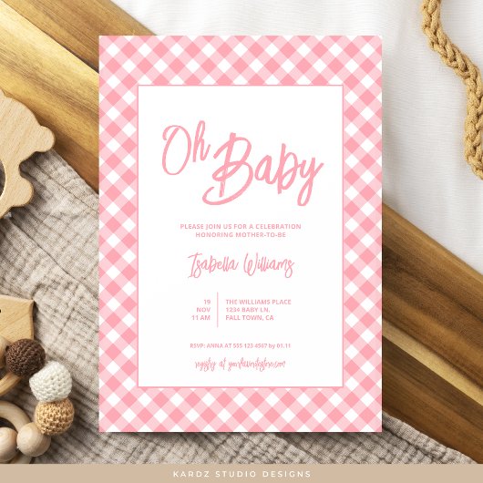 Roze Gingham Baby shower uitnodiging