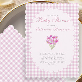 Roze Gingham Baby Shower Uitnodiging Met Bloemen