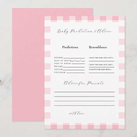 Roze Gingham Baby Shower Voorspellingen II Kaart (Voorkant / Achterkant)