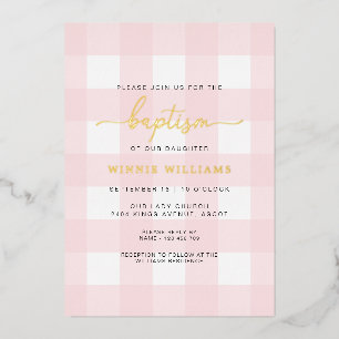 Roze Gingham Baptism Gold Foil uitnodiging