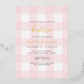 Roze Gingham Baptism Gold Foil uitnodiging (Voorkant)