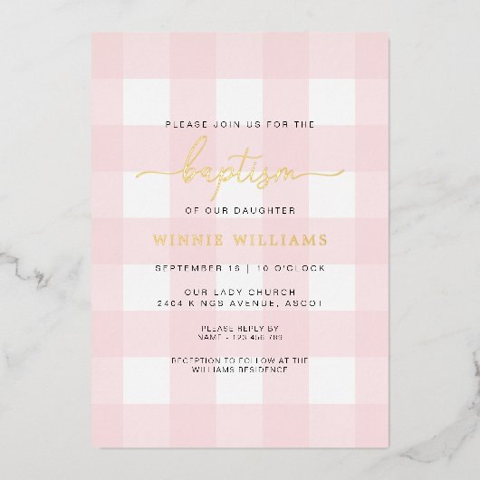 Roze Gingham Baptism Gold Foil uitnodiging (Voorkant)