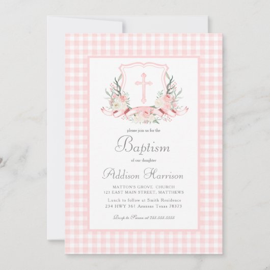 Roze Gingham Baptisme uitnodiging, meisje Baptism Kaart (Voorkant)