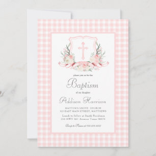 Roze Gingham Baptisme uitnodiging, meisje Baptism Kaart
