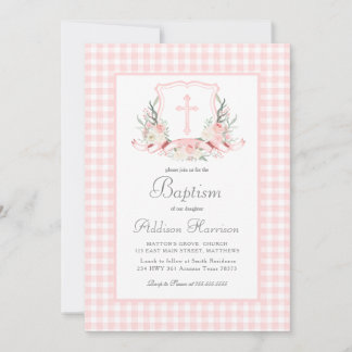 Roze Gingham Baptisme uitnodiging, meisje Baptism Kaart