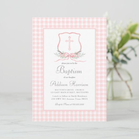 Roze Gingham Baptisme uitnodiging, meisje Baptism Kaart (Staand voorkant)