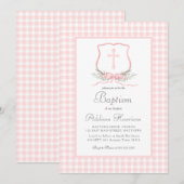 Roze Gingham Baptisme uitnodiging, meisje Baptism Kaart (Voorkant / Achterkant)